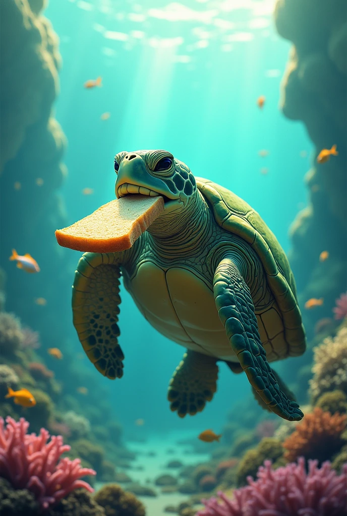Green turtle holding bread