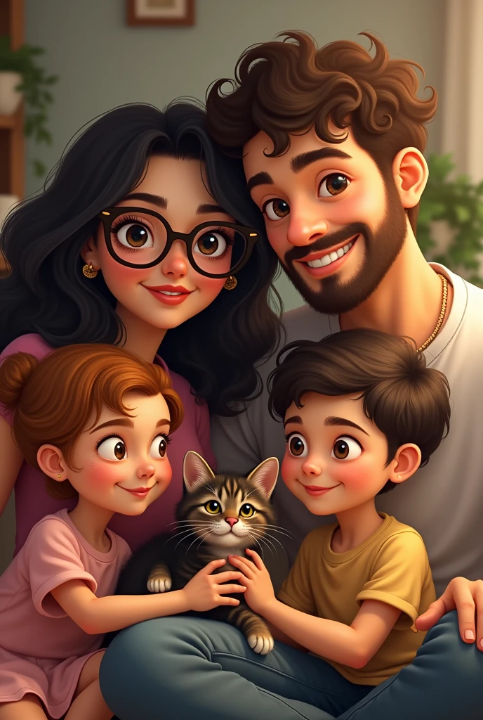 Generates an image of a family of 5 members, The mom, The Dad, A girl, a boy and a cat. 
Mother; 160 cm apart, White skin, very long black straight hair, big glasses, big nose, large eyes, thick build (not fat) but very curvy (Colombian type), big butt. 
The father; skinny, 170cm tall, White skin, he doesn&#39;t wear glasses, Short but slightly long dark brown curly hair combed from left to right, skinny build and quite muscular at the same time, wear a mustache and beard without them coming together. 
The girl: female about 3 months, light brown hair, big nose, ojos grises y White skin (quite pink at times). 
the boy, He is also a 3-month-old male child, and a little darker. (just a little), He usually uses a pacifier and has straight black hair that stands up like a porcupine.. They also have a tortoiseshell-colored kitten. . I want this whole family to be very happy. You must remember that there are 5 members and all are properly described here.