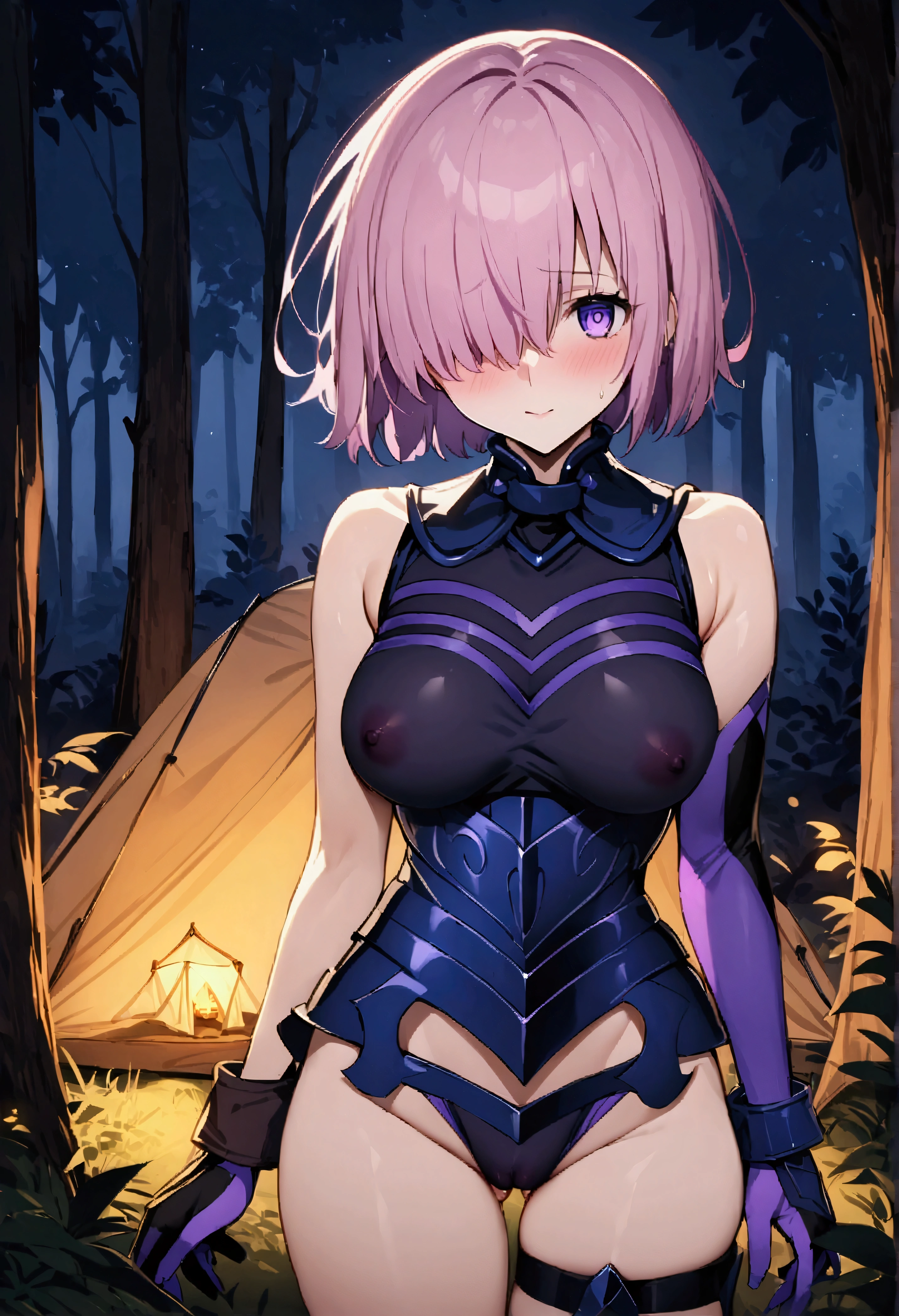 NSFW,masterpiece,Highest quality,High resolution,Very detailed,Mash Kyrielight\(Fate/grandorder\),short hair、Purple Eyes、Pink Hair、Hair covering one eye,gloves、Shoulder Bare,leotard,In the forest at night,tent