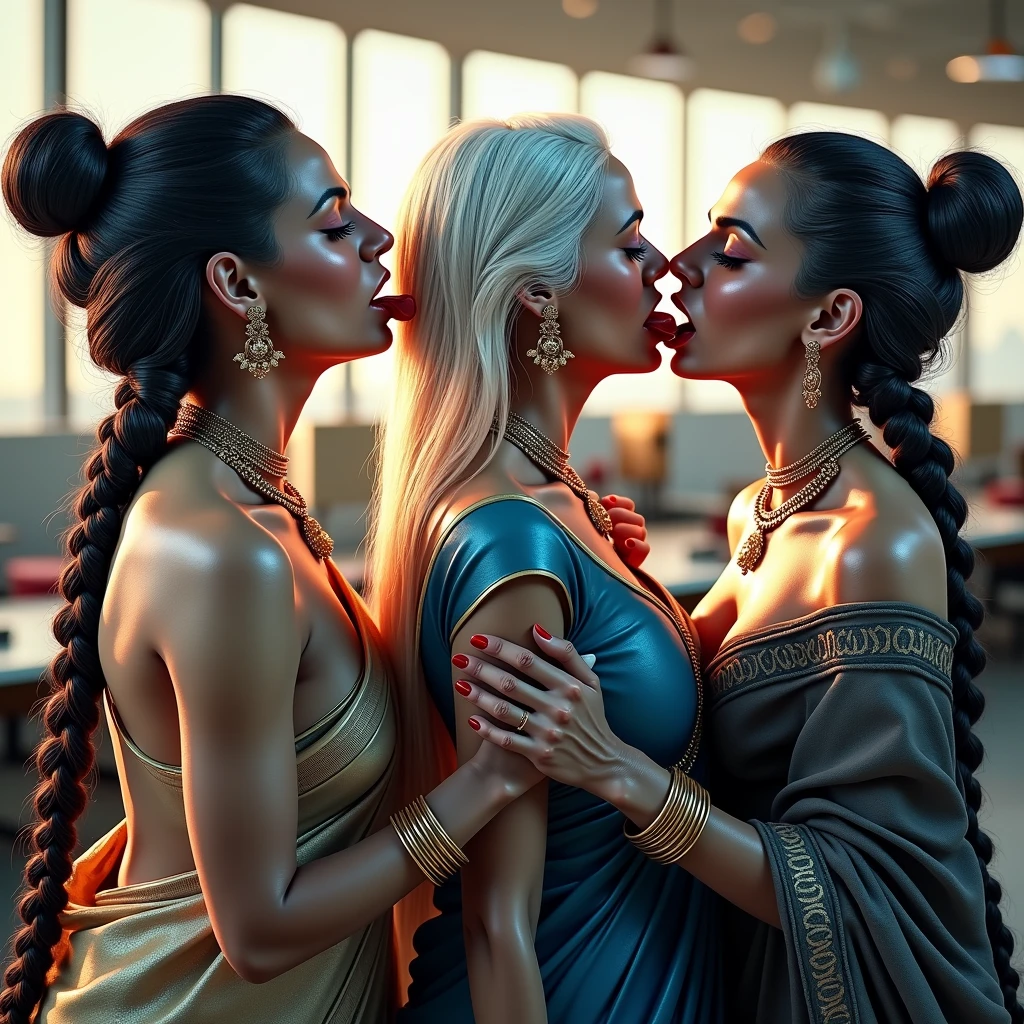 In india modern office,total 3 india eldery ladies involving and licking their hairs of each others wildly,First 60 years old eldery indian lady kneeled with her oil smeared conrowed braided hair wears saree with out blouse,Second 60 years old lady from behind to kneeled lady with her oil smeared conrow braided hair wildy raping kneeled lady' head scalp with her tongue wearing wrap saree revealing her upper saggy breast exposed, Third 60 years old eldery with her cean scalp super conrow braided hair raping kneeled lady' scalp exposing one single breast revealing ,these three ladies are with dress in as per detsiled prompt here,all four of them,with their hairs respectively colors for the marure ladies and eldery lady hairs in as per image prompt,their long,meticulaiursly suler conrowed braided hairs shining ,red lipsstick,natural tongues pulled out,licking the eldery lady' hair by other eldery with conrowed hairs like she is being raped excat in image,These all three ladies' faces are with showing full of sexual wildness showing out from their faces exact as in image prompt,Their eyes are fullfill with sexual wildness with raping scalp as per the imahe prompt,(Show me their tongues,long tongues:1.0) styled with 100000 liters hair oil,hairs like viscus oiled pulp,slick combed hair lines highly visible,{{{{Ladies wears perfect dresses in perfectt busty}}}},{{{{{NSFW}}}}},{{{{{{Hairs highly soaked}}}}}},{{{Hairs Drenched in water}}}}},{{{slick combed hair lines}}}},{{{{Hairlines reflecting shinning like mirrors with water}},{{{{{Showcase full bodies perfect figures}}}}},{{{{{High resolution perfecr color grading}}}}}},{{{Perfect conrowed on all three ladies exactly in image prompt}}}}}}},((((((Generate ethnicity as indian sexy build ladies))))))),((((((Generate wildness poses where shows the wildness maturity of the sexually wildness and extremly extremly wildness in to hair licking by their tongues exatly as image prompt if someone sees this should get errected)))),