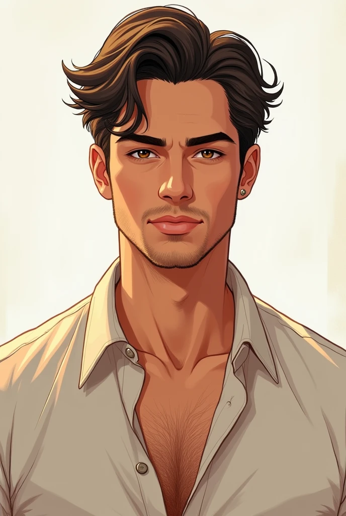 Charming man's avatar could be a strong, yet gentle, illustration of a man with a subtle loving smile and piercing eyes, representing his bold and compassionate nature. Open shirt buttons