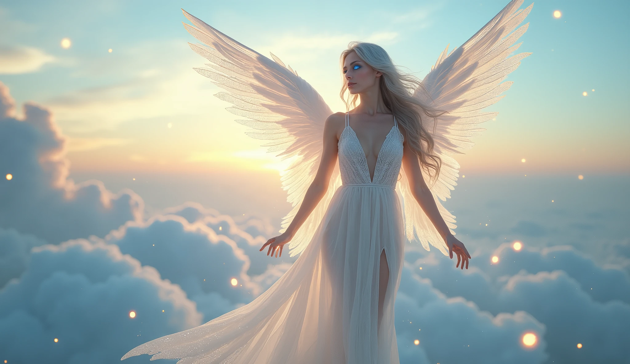 A seductive female angel with long, flowing silver hair and radiant blue eyes floats gracefully in a dreamlike sky. She has large, ethereal wings made of shimmering light and wears a delicate, revealing gown made of translucent silks that glimmer like the stars. Around her, glowing celestial orbs and wisps of light swirl, creating a serene and heavenly atmosphere. Below her, a sea of fluffy white clouds stretches endlessly, bathed in the soft glow of a pastel-colored sunset, evoking a sense of tranquility and otherworldly beauty. Aim for realistic depiction, make sure photos are at highest resolution (8K)