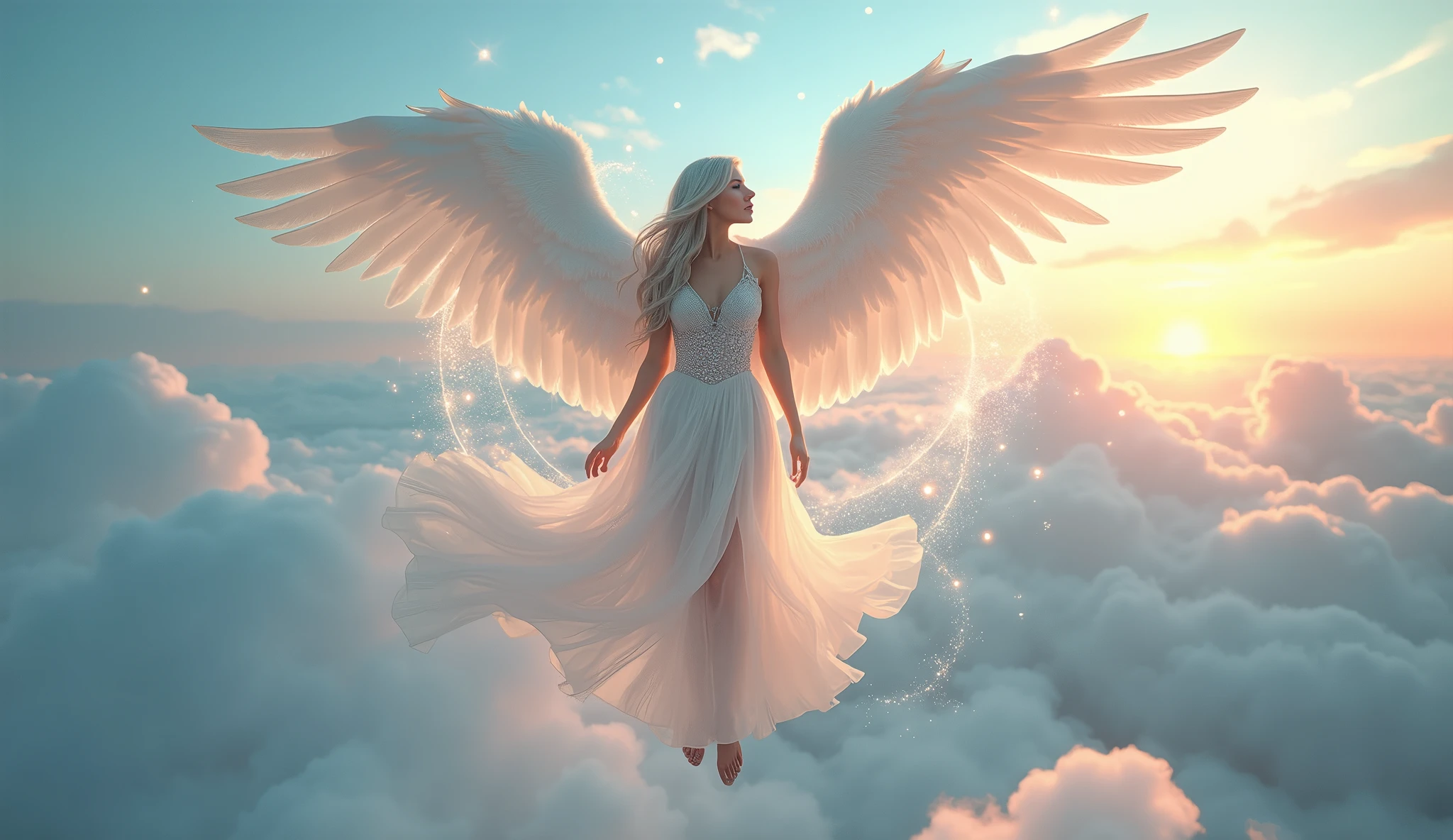 A seductive female angel with long, flowing silver hair and radiant blue eyes floats gracefully in a dreamlike sky. She has large, ethereal wings made of shimmering light and wears a delicate, revealing gown made of translucent silks that glimmer like the stars. Around her, glowing celestial orbs and wisps of light swirl, creating a serene and heavenly atmosphere. Below her, a sea of fluffy white clouds stretches endlessly, bathed in the soft glow of a pastel-colored sunset, evoking a sense of tranquility and otherworldly beauty. Aim for realistic depiction, make sure photos are at highest resolution (8K)