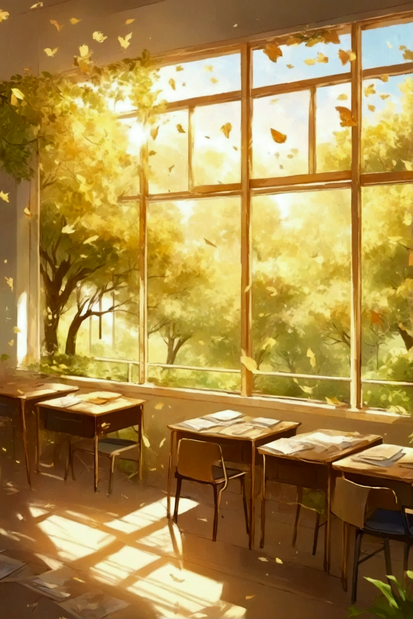 Empty classrooms in school,There are many trees outside the window,Leaves fluttering in the window,The golden sunlight shines into the desk