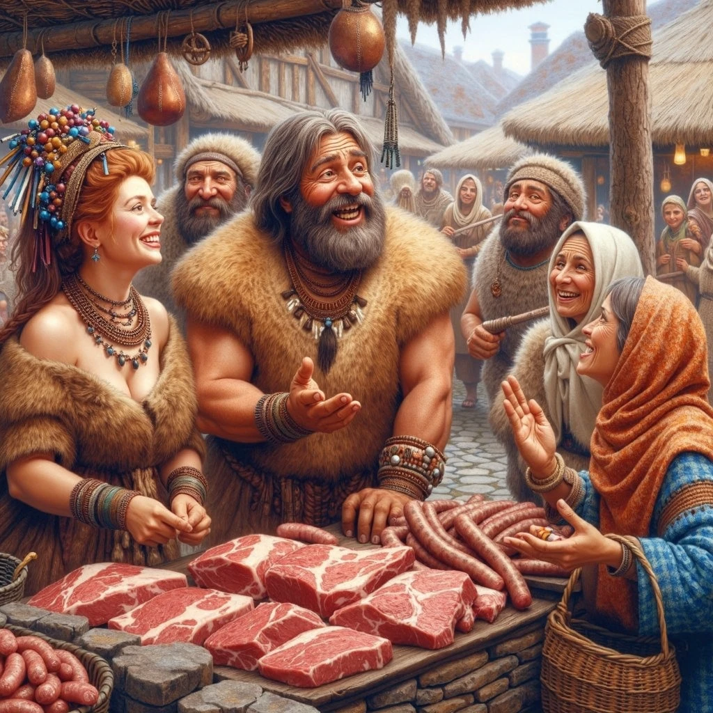 beautiful Neolithic female butcher and her funny friendly burly husband in traditional clothing and accessories, selling beef and sausages, with content face expressions, talking to a Neolithic housewife, with an insanely detailed and intricate Neolithic market scene background, ultra photo realistic oil on canvas painting, including a small fire pit for cooking meat, with a few customers haggling over prices
