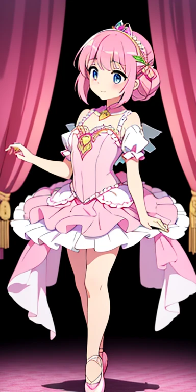 Full body, beautiful eyes, 1 girl  , full body , cute girl , anime style , cute eyes  , (standing up) , (Seraphina wears a delicate ballerina tutu that enhances her ethereal presence on stage. Her tutu is a soft shade of pink with shimmering accents that catch the light as she moves, making her appear almost like a living doll. The bodice of her outfit is adorned with intricate lace and pearls, while her tutu’s layers flutter with every spin and leap she performs. She completes her look with ballet slippers that allow her to glide effortlessly across the contest stage, and her hair is styled in an elegant updo, often decorated with flowers or ribbons that match her ensemble.) , tutu , ballerina , Primaballerina_tutu