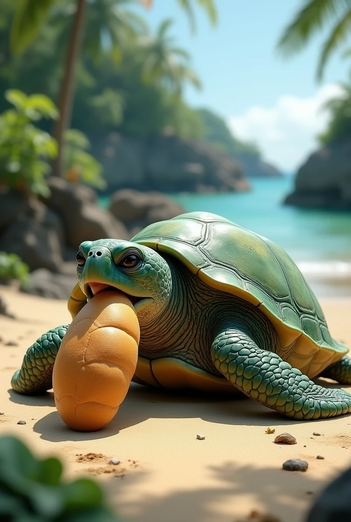 A green turtle is holding a piece of bread on land.