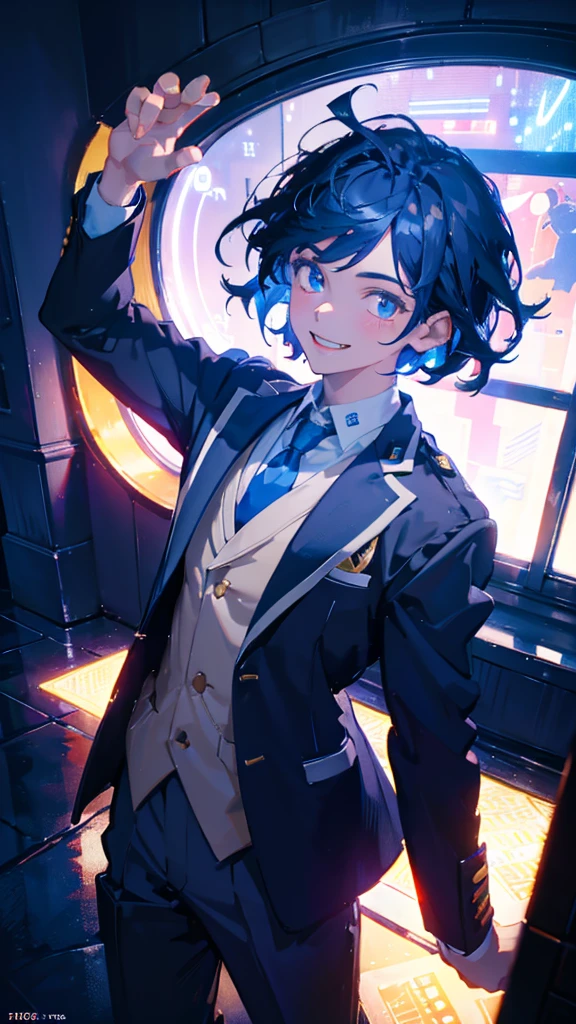 Male student, school uniform, Middle school students, dark blue hair, short hair, light smile, Surrealism, cinematic lighting, UHD, high details, best quality, highres, 16k