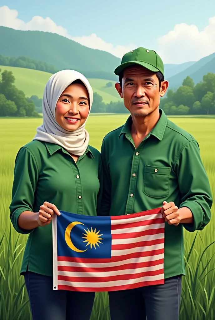 A husband and wife farmer wearing green shirts holding a malaysian flag wife wearing a white headscarf husband wearing a green cap