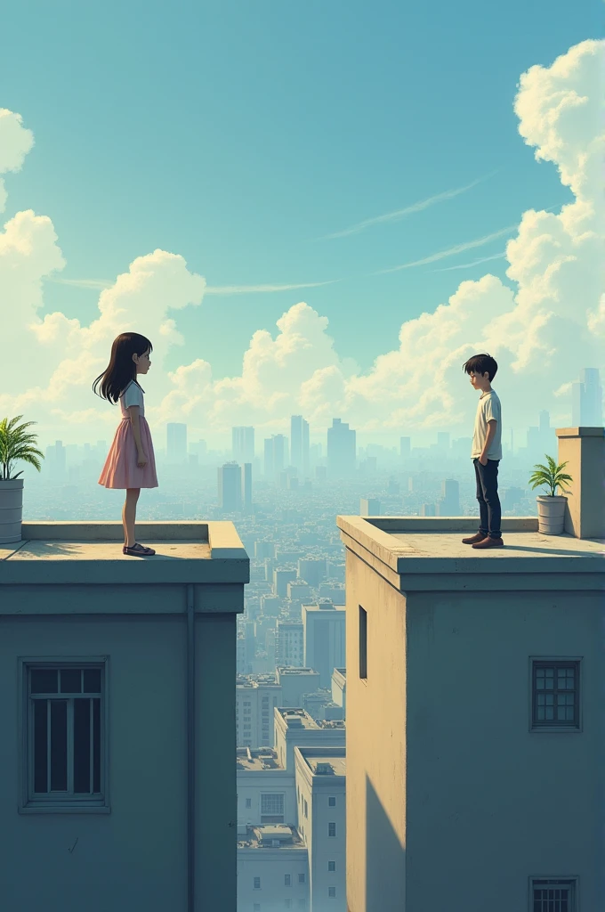 A girl is standing in her own roof and looking to the boy who is standing on his own roof which is about 150 meter long