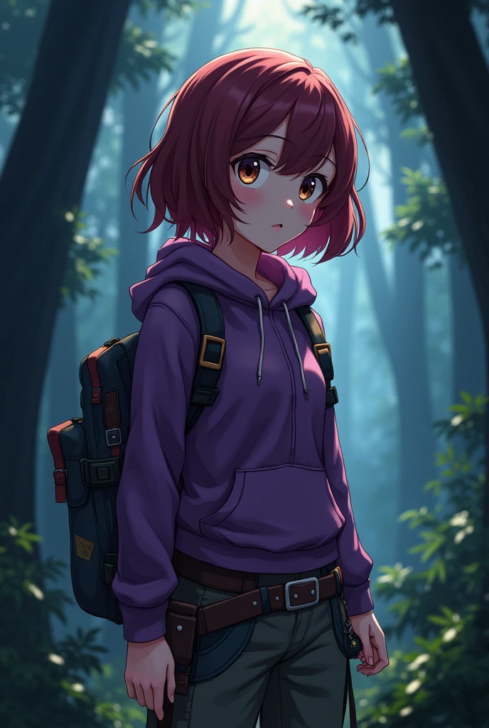 Anime girl , in the dark forest, wearing purple top and adventurer clothes, burgundy layered hair, brown eyes.