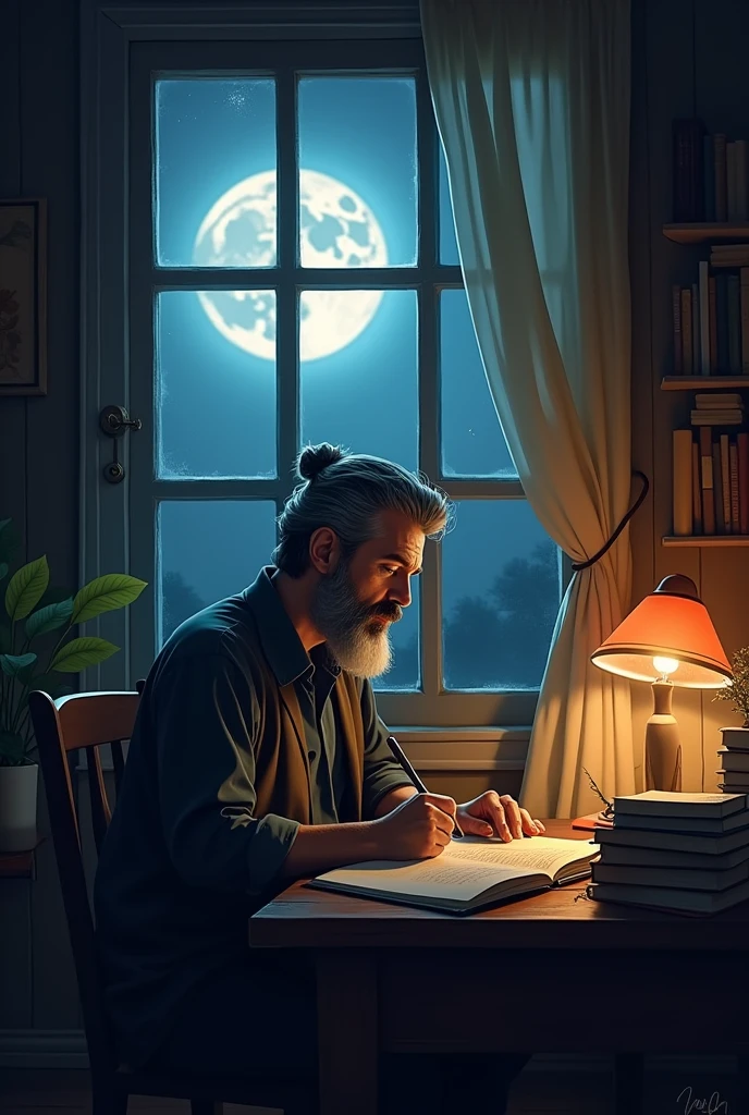 A man with beard writing  something on his copy in his room..and moon is visible from the window of his room