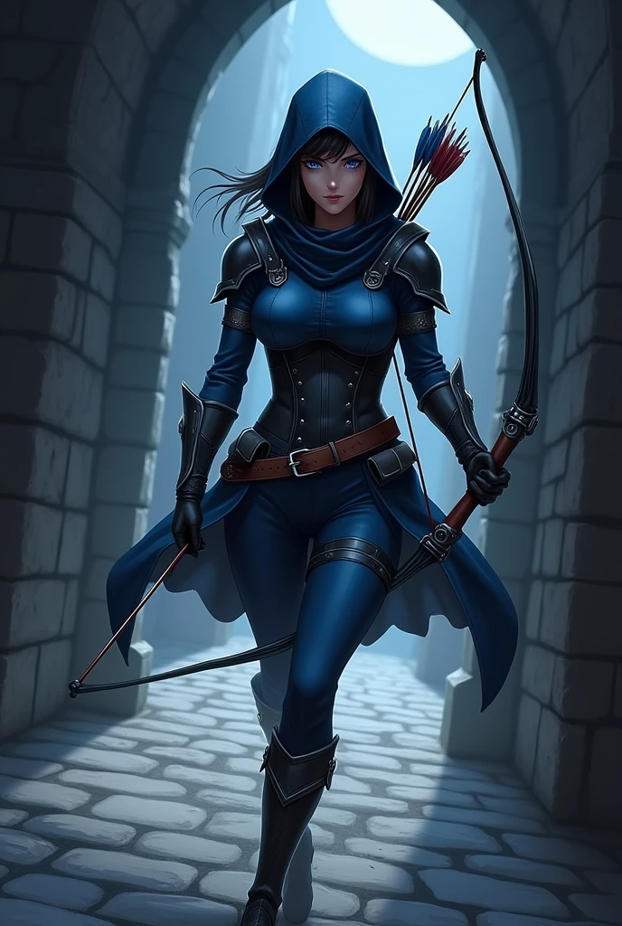 The spy girl, combat bow, quiver of arrows, blue leather armor, black leather corset, gloves, Hood, Leather belt, Blue eyes, Anime drawing, dark corridor of the castle, Middle Ages