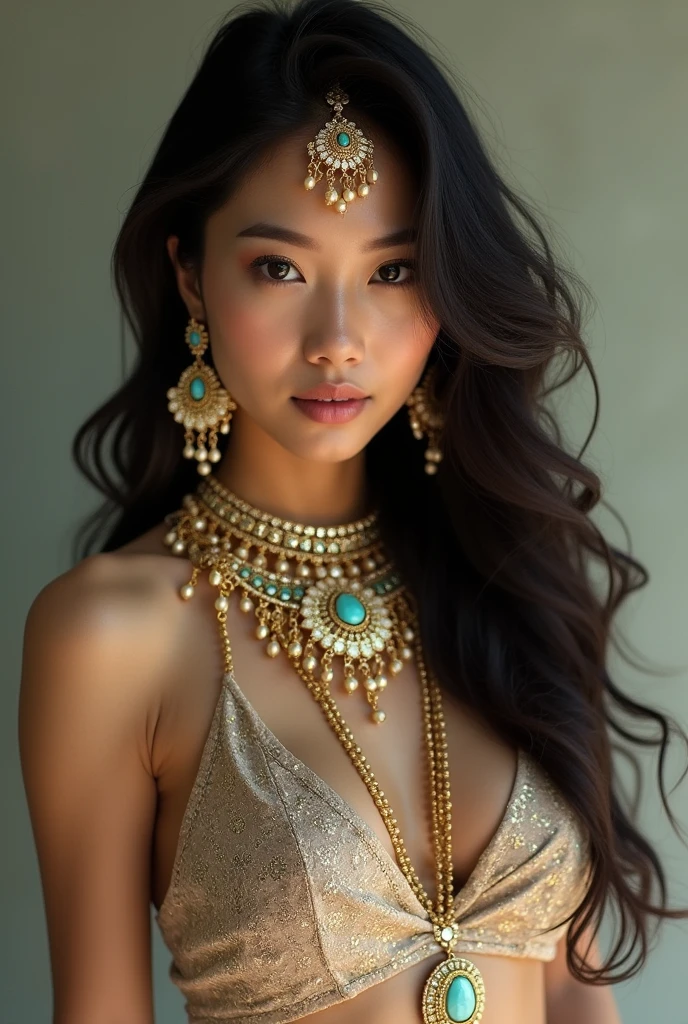 Asian babe wearing only indain heavy jewelry and no clothes