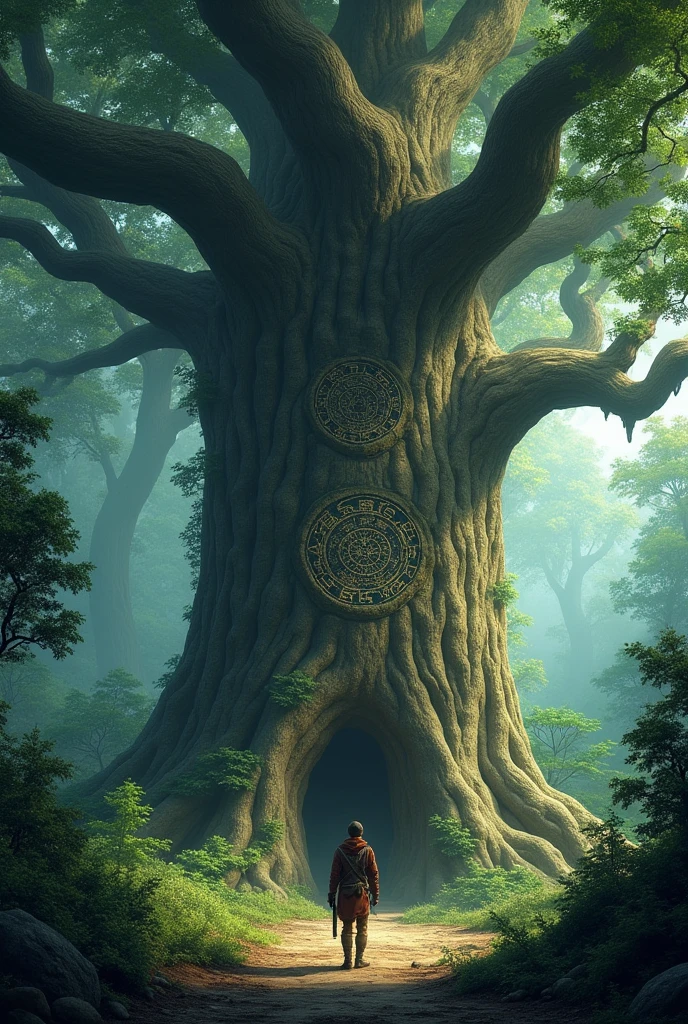 After a series of adventures, he finally reaches the biggest tree in the forest. The tree is ancient and covered in mysterious symbols