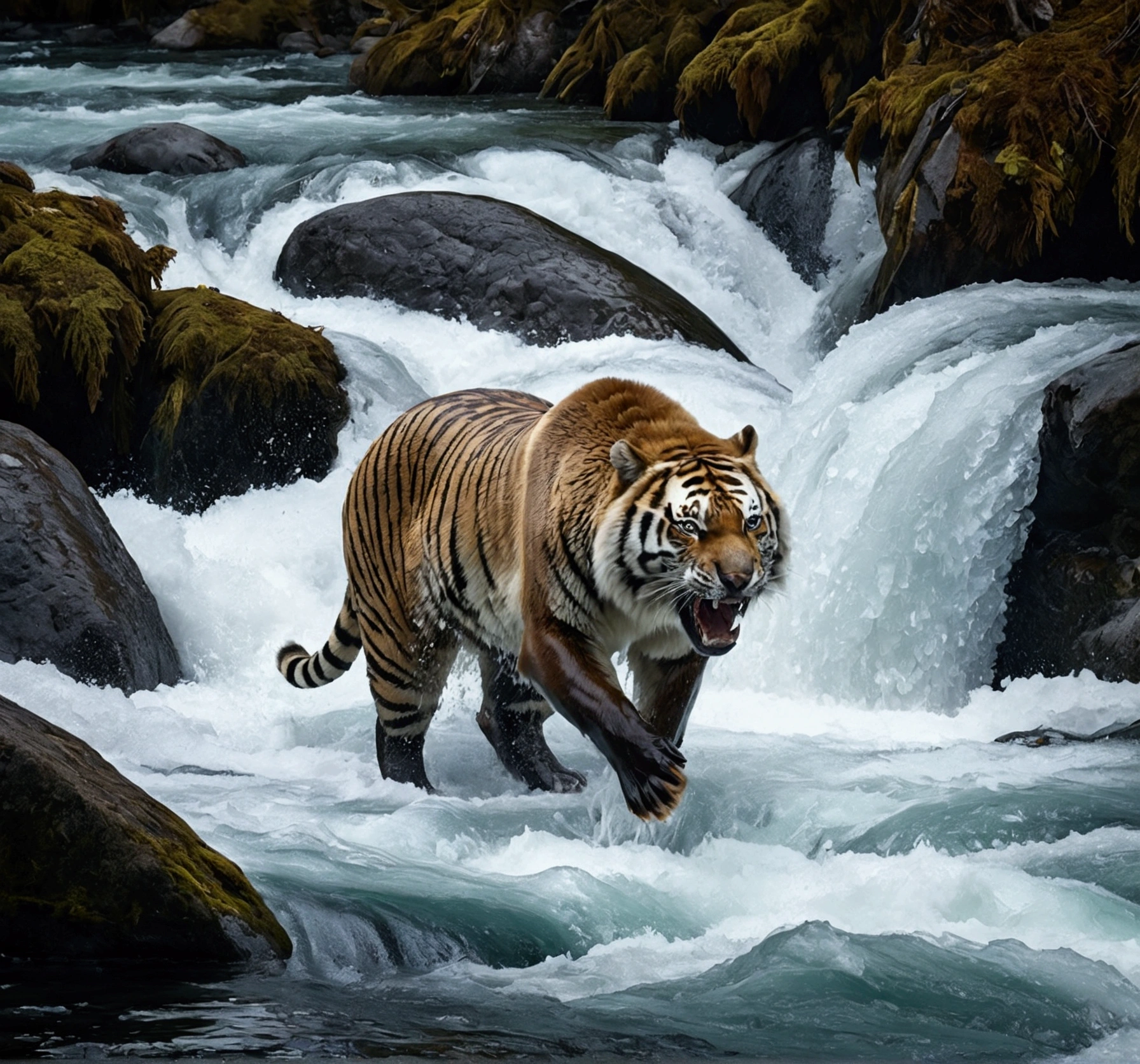 It generates a hyper-realistic image of a snow tiger in a mountain valley, intending to hunt prey. The tiger must be observing the prey, with its very lush black and white fur in the snowy environment. where it crosses a river of crystalline greenish and white soft waters that flows with rapid currents of not very deep waters, with a waterfall that arrives in a series of rapids in the river, where there are many jumping salmon trying to escape from a majestic grizzly bear, standing on two legs with a large salmon in its mouth, showing the strength and ferocity of life, even in the mountains due to the white blanket of snow.