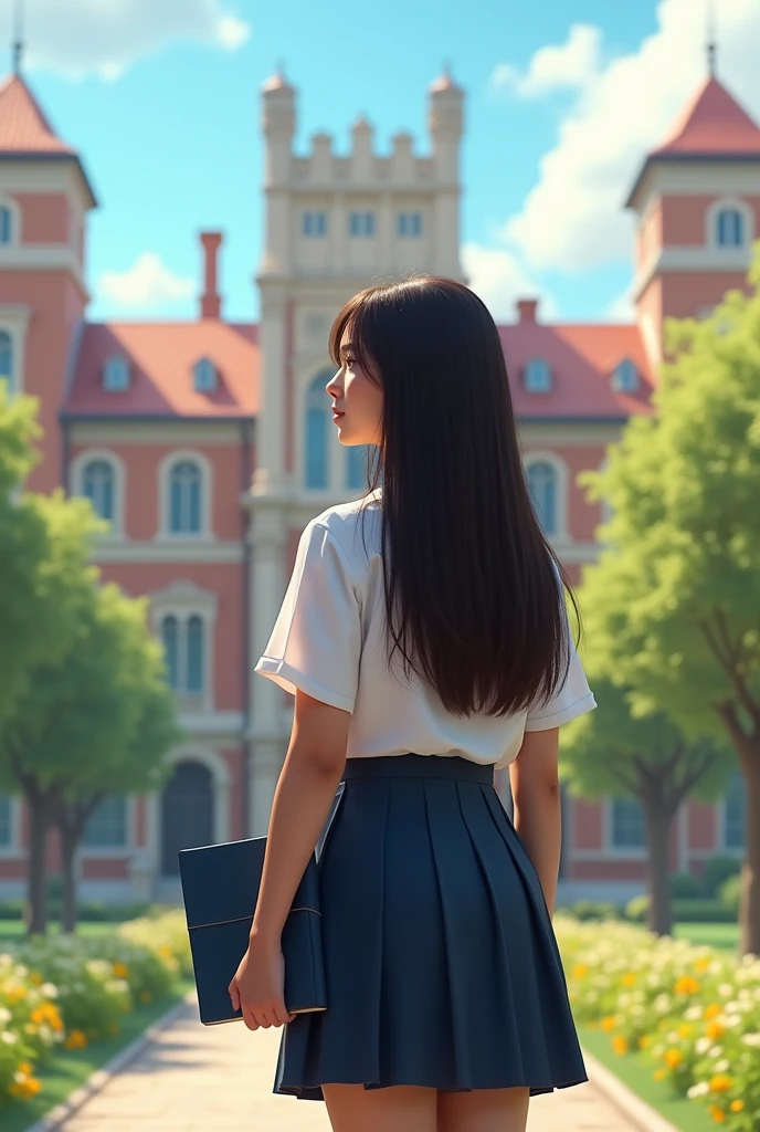 Panoramic photo of small English-style learning institute, modern,
a teenager with her back turned, with elegant high-class school uniform, dark blue report, Very long hair, waist length hair, dark brown, brown skin, latina seaArt style