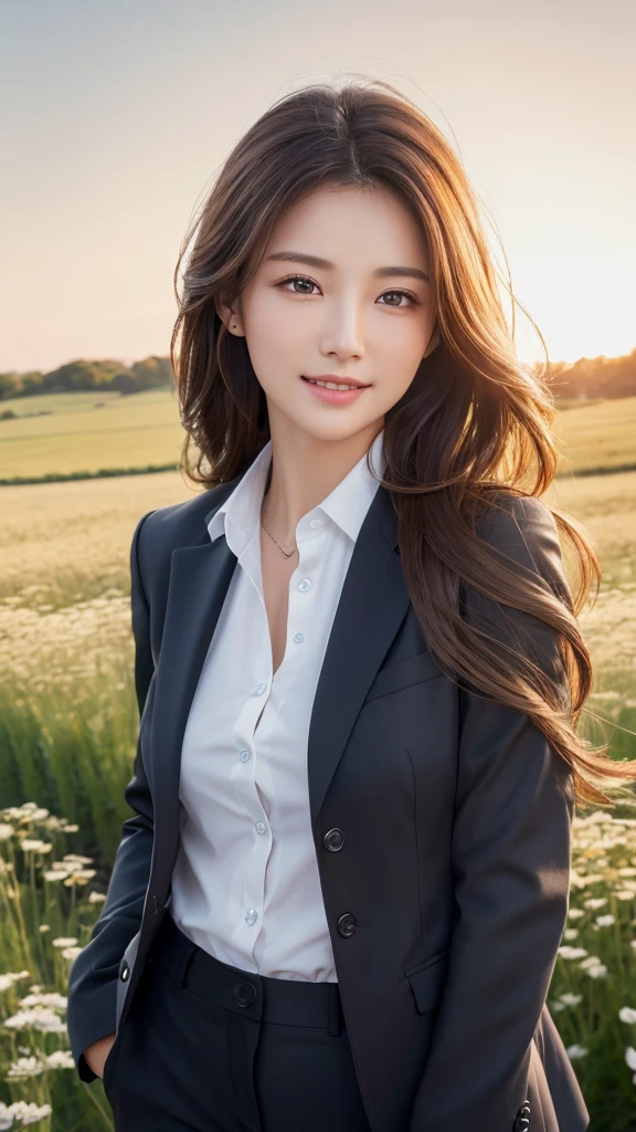 highest quality、genuine、Super detailed、finely、High resolution、8k wallpaper、one beautiful woman、、、light brown disheveled hair、wearing a business suit、sharp focus、perfect dynamic composition、beautiful and detailed eyes、thin hair、Detailed genuine skin texture、smile、model body shape、In a windswept meadow