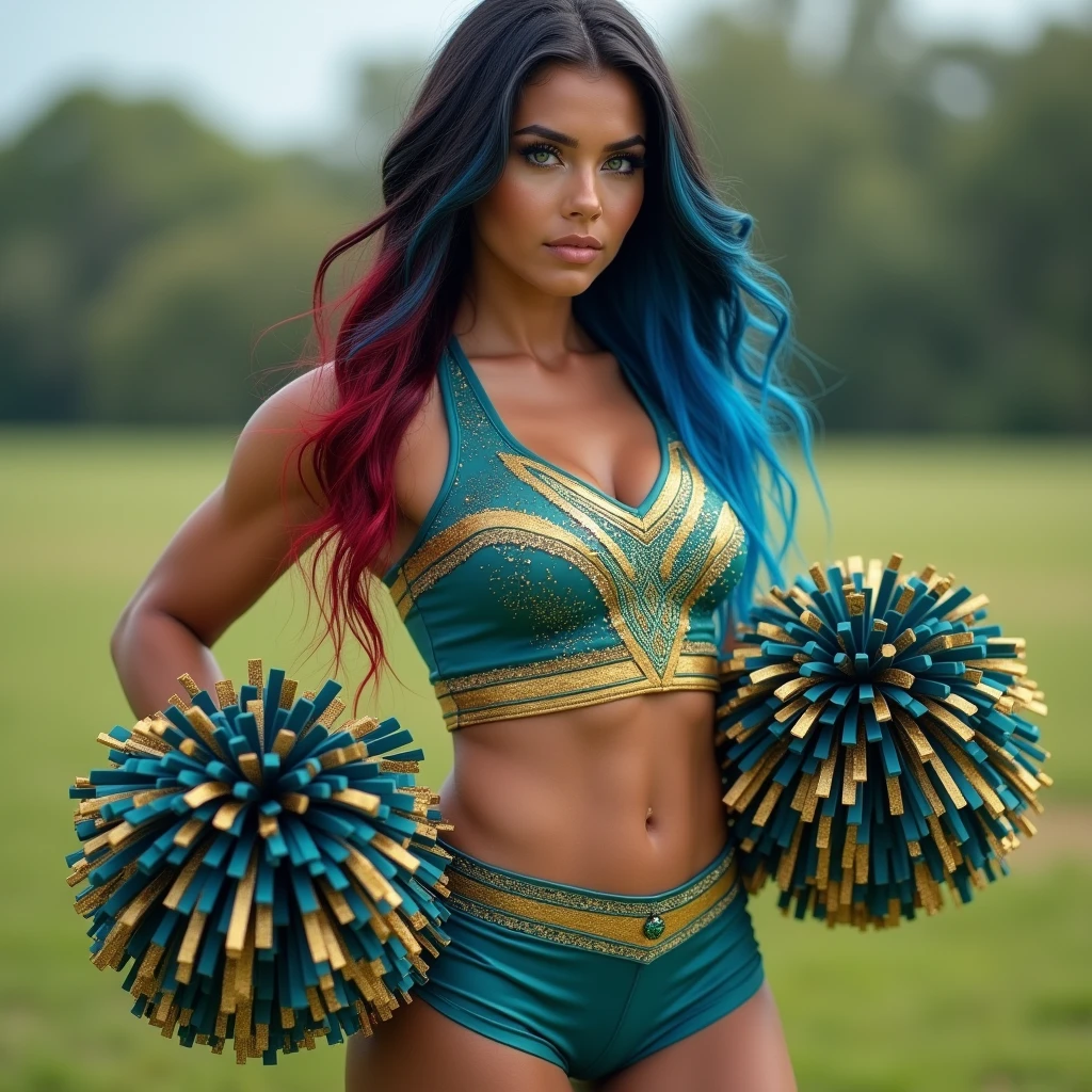 Photorealistic 8k full view in the field in a teal and gold cheerleading outfit with teal and gold pom poms beautiful Italian American woman, blue eyes, long black and red ombre hair with blue highlights,