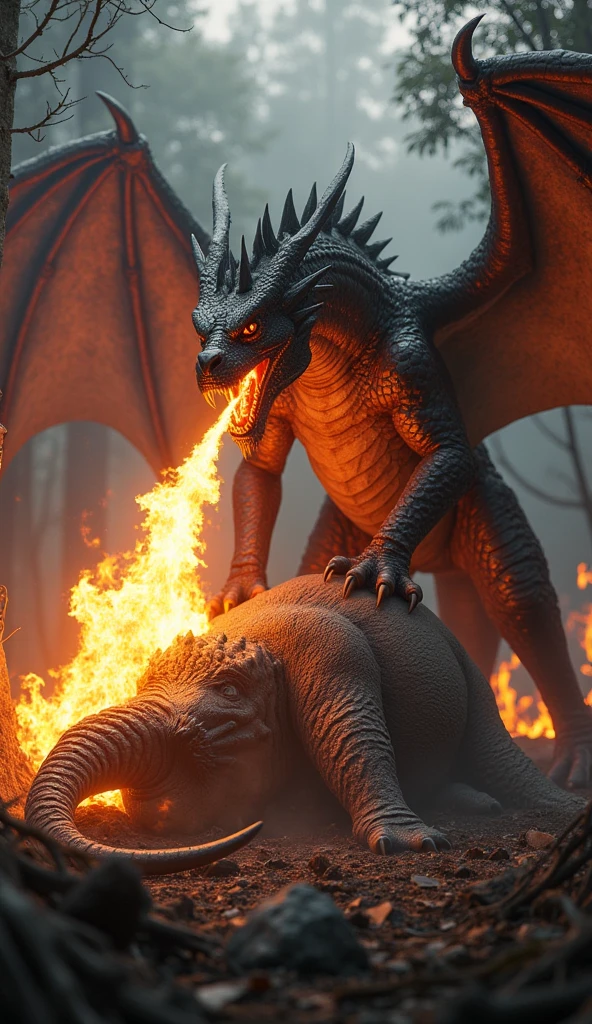 Dragon standing over a dead Elephant while shoting flames from his nose in a burning forest