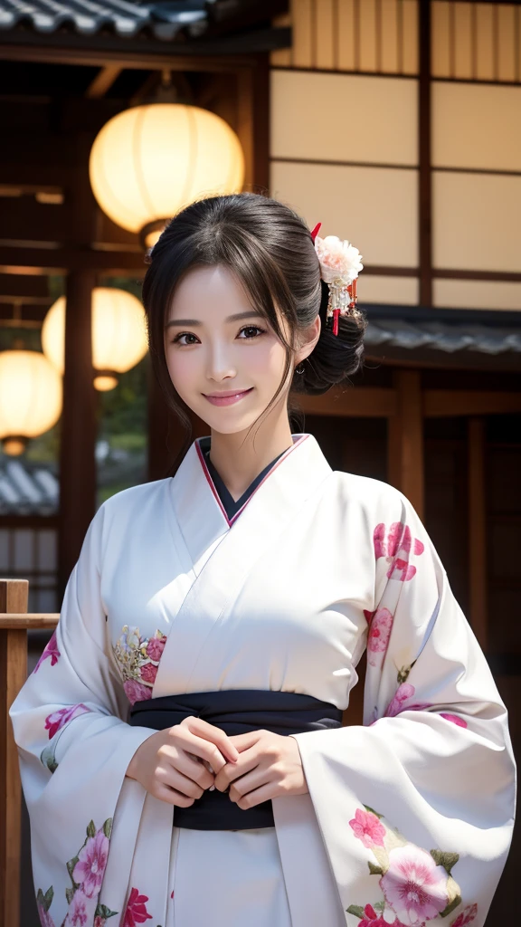 (Super beautiful woman in kimono)、((highest quality、8K masterpiece:1.3))、sharp focus:1.2、(super beautiful face:1.0)、(shiny skin:1.0)、realistic pictures、black hair、video lighting、High resolution eyes and face、video lighting、japanese actress、from the front、with a happy smile、whole body、wearing a kimono、in Kyoto、(luxury obi)、with a fan、Fireworks Display
