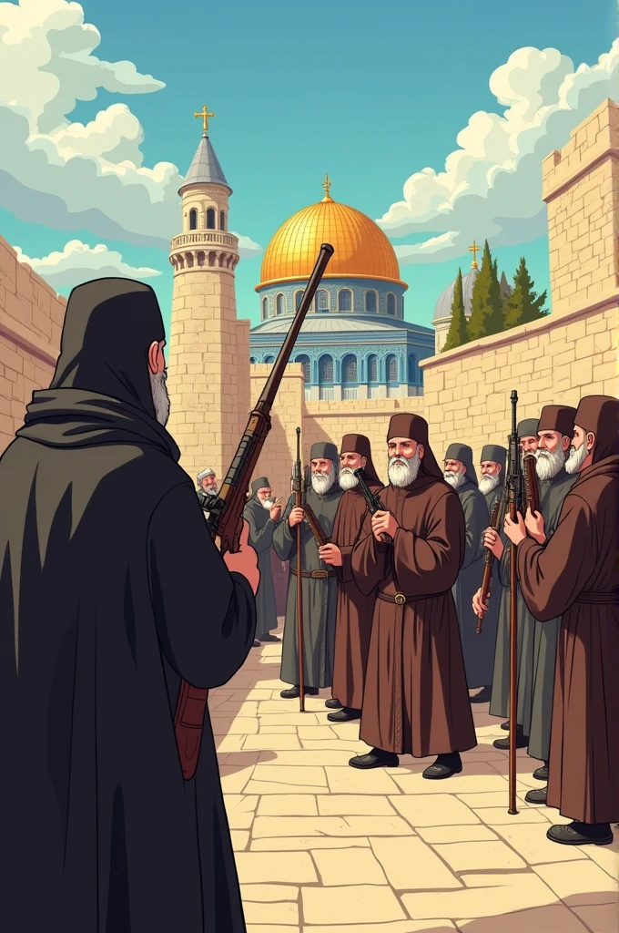 ("The moment of conflict in Jerusalem: a group of Russian Orthodox monks being confronted by armed Catholic clergy, with the ancient city's architecture in the background; a detailed and dramatic cartoon scene." picture ratio 9:16