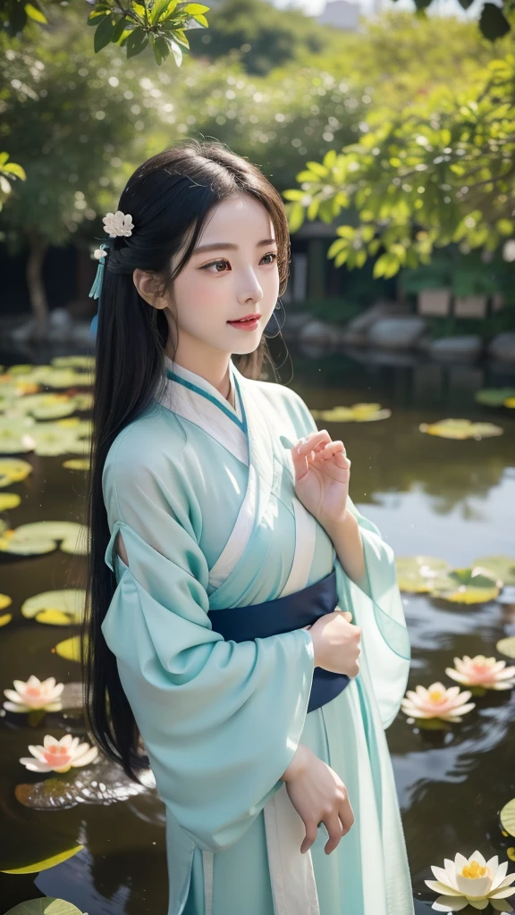 Ultra photo realsisim,ultra-delicate,filmposter,(Fresh and colorful lotus leaves in the lotus pond in early summer1.5),There is a small pavilion on the lake,A young lady in Chinese Hanfu is walking,Real Persono,(Hanfu Fairy 1.3)(Delicate facial features1.3)(Delicate hands 1.3)(Warm sunshine 1.3)(70-200mm lens close-up 1.2),Cinematic lighting effects,Extreme light chasing,(Delicate skin1.3),photore,(Super realistic color combination1.3)(smile1.2)(Hanfu is colorful and varied1.3)