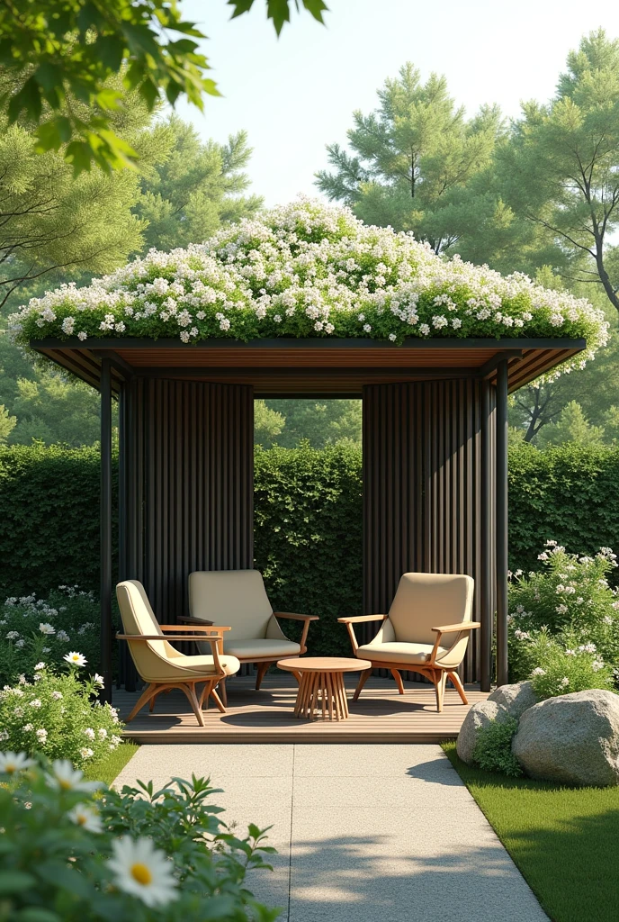 8 side garden hut, made in small steel pipe, hut roof fill in small flowers. Korean style. Add in side 4 chair and 1 table