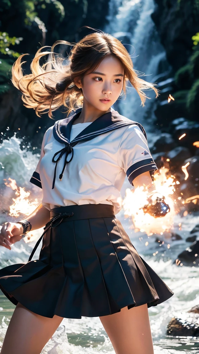 (Ultra HD, Highest quality, High resolution, Surreal, so beautiful), 24000dpi, (Holding the Japan sword, Bidirectional, Electric shock), Charge Move, Special Move Stance, All-in-one, dance, Beautiful woman, Long Tail, Well-formed eyes, greatest visual acuity, 1, Fascinating, Totally American, Perfect body, Physical Beauty, (Sailor suit, mini skirt),whole body