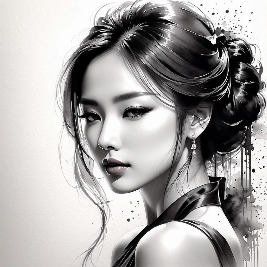 Elegant Maiden，Black and White水墨画，Pen sketch，Gentle brush strokes，Draw delicate lines with a pen，Fluid Action，Subtle ink shades，Graceful posture，Peaceful look，Delicate facial features，Black and White，clean,Tears flowing