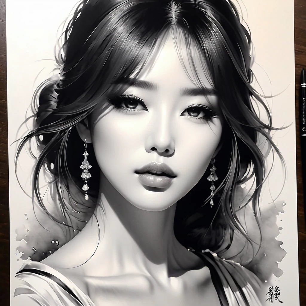 Elegant Maiden,Black and White水墨画,Pen sketch,Gentle brush strokes,Draw delicate lines with a pen,Fluid Action,Subtle ink shades,Graceful posture,Peaceful look,Delicate facial features,Black and White,clean,Tears flowing
