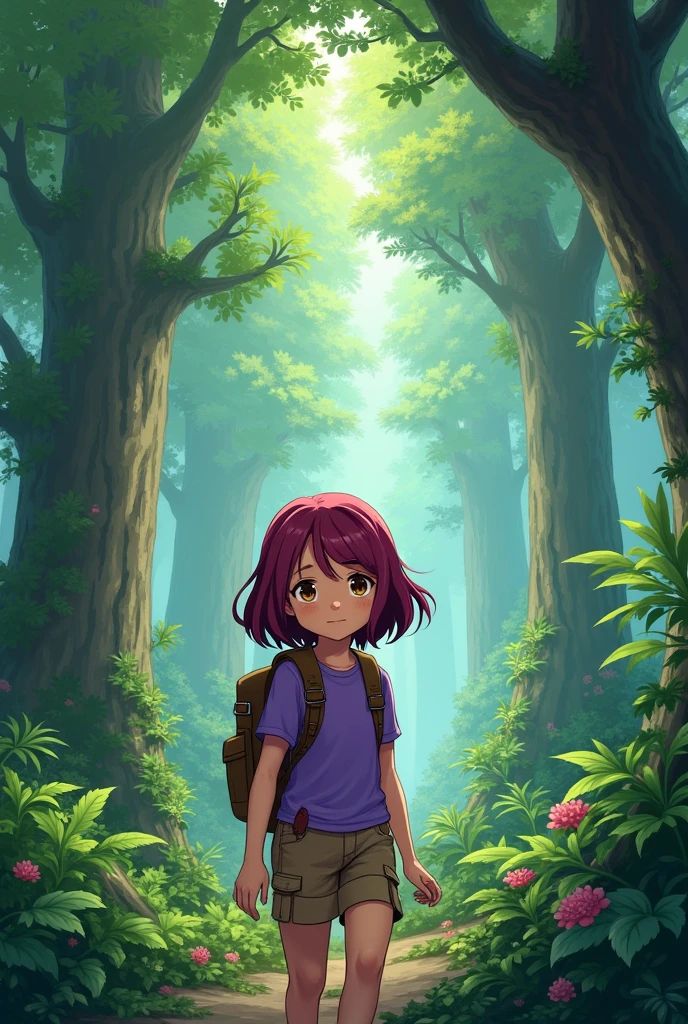 Anime girl , in a forest, wearing purple top and adventurer clothes, burgundy layered hair, brown eyes.
