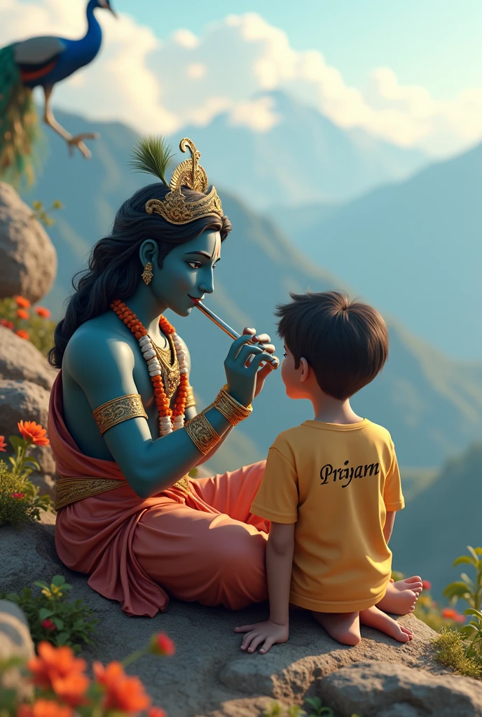 create a 3d image of 20year old Indian devotional boy who is sitting next to krishna ji and Krishna ji playing the flute, they both sit together on the mountain,boy wearing T-shirt Name "Priyam" written on it, heaven like beautiful view background, peacock dancing,realistic image and boy is in barefoot.