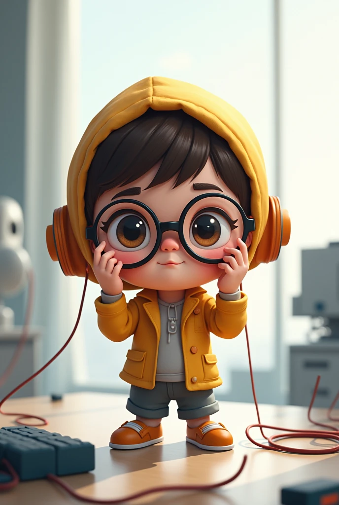 Draw a chibi face fixing his glasses. Nerdy with tech background.