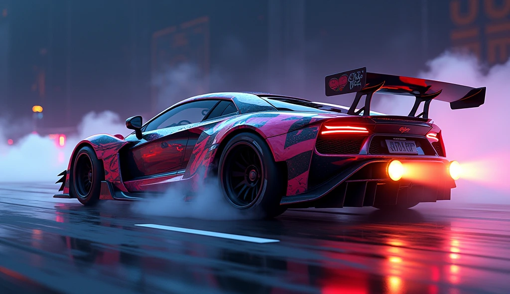 (masterpiece), best quality, ultra-detailed, 8K), race car, street racing-inspired,Drifting inspired, LED, ((Twin headlights)), (((Bright neon color racing stripes))), (Black racing wheels), Wheel spin showing motion, Show car in motion, Burnout, wide body kit, modified car, racing livery, masterpiece, best quality, realistic, ultra highres, (((depth of field))), (full dual colour neon lights:1.2), (hard dual color lighting:1.4), (detailed background), (masterpiece:1.2), (ultra detailed), (best quality), intricate, comprehensive cinematic, magical photography, (gradients), glossy, Night with galaxy sky, Fast action style, fire out of tail pipes, Sideways drifting in to a turn, Neon galaxy metalic paint with race stripes, GTR Nismo, NSX, Porsche, Lamborghini, Ferrari, Bugatti, Ariel Atom, BMW, Audi, Mazda, Toyota supra, Lamborghini Aventador, aesthetic,intricate, realistic,cinematic lighting, Neon Paint, streaks of fire,