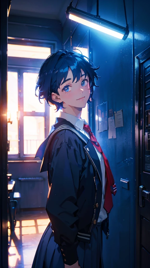 Male student, school uniform, Middle school students, Very short hair, dark blue hair, short hair, light smile, Surrealism, cinematic lighting, UHD, high details, best quality, highres, 16k