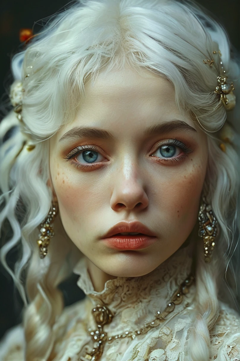 style of Bella Kotak, gothic, ((white hair)), albine woman, award winning, perfect eyes, detailed skin, beautiful face, detailed face, very femenine, Rembrandt Lighting Style,Hyperrealism style,Hyperrealism style,Extremely high-resolution details,photographic,realism pushed to extreme,fine texture,incredibly absurdres,absurdres,masterpiece,Extremely high-resolution details,realism pushed to extreme,