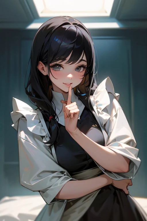 (Highest Resolution, clear_image) Highest quality, single, One woman, alone, masterpiece, Very detailed, Semi-realistic, Black Hairのショートヘア, Black Hair, bangs, 1, mature, Light blue , Indoor Background, kind, Authoritative, Powerful, exquisite features, exquisite features、Eyelashes become longer、Showing teeth、smile😀、Maid clothes、woman&#39;Fingers in the、Sleeping on the sofa、Long Hair、Fluttering in the wind、((Change of clothes)).