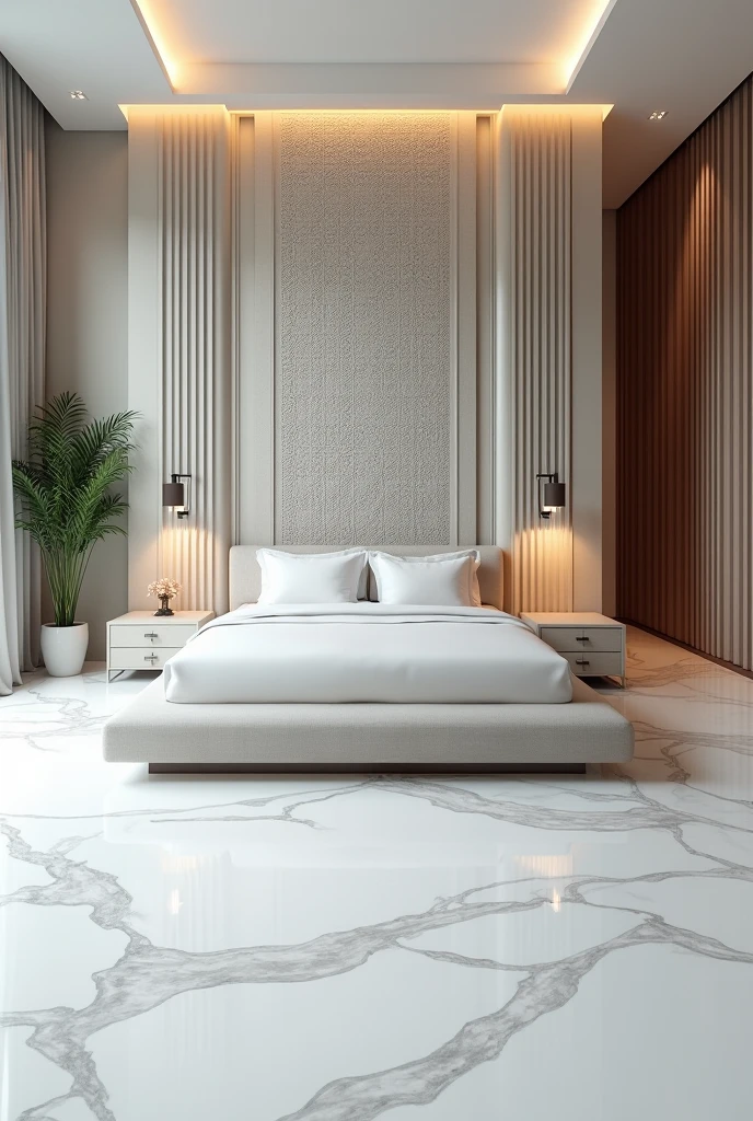 Modern bedroom design with white floor and broad complex backborad
More complex
Complexity at level of gods
A little less complex
Less complex 
A little more complex 
More complex 
Make it asthetic 
Backboard should be more complex and floor should be white marble 
Backboard should be nice 
Broader 