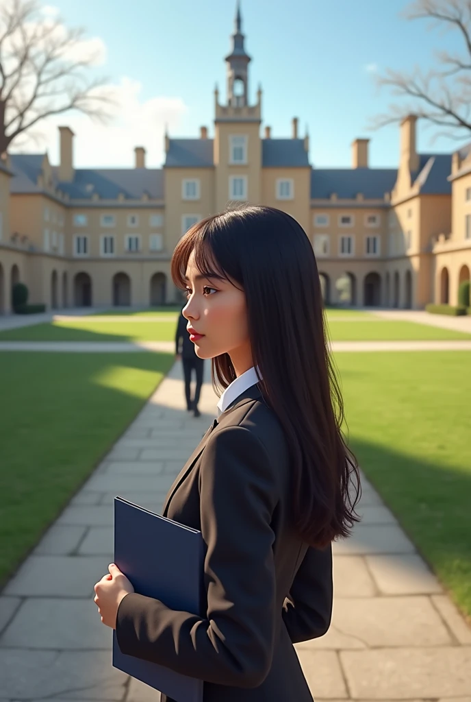Panoramic photo of small English-style learning institute, modern,
a teenager with her back turned, with elegant high-class school uniform, dark blue report, Very long hair, waist length hair, dark brown, brown skin, latina seaArt style