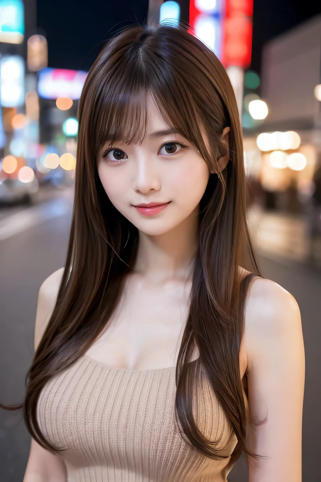 masterpiece、1 beautiful girl、Detailed eyes、Puffy eyes、Highest quality, 超High resolution, (Reality: 1.4), Cinema Lighting、Japanese、Asian Beauty、Super Beauty、Beautiful Skin、Slender、Body facing forward、(Surreal)、(High resolution)、(8k)、(Very detailed)、(Beautiful and detailed eyes)、(Ultra-detailed)、 (wall-)、Detailed face、Bright lighting、Professional Lighting、View your viewers、Look straight ahead、(The costume is a knit dress)、Long Hair, My hair is messy, Asymmetrical bangs, 、Night Scenery、Brown Hair、Japan is an idol、Korean Idol、Gravure idol pose、Age 18、expensive, smile、Large Breasts, 