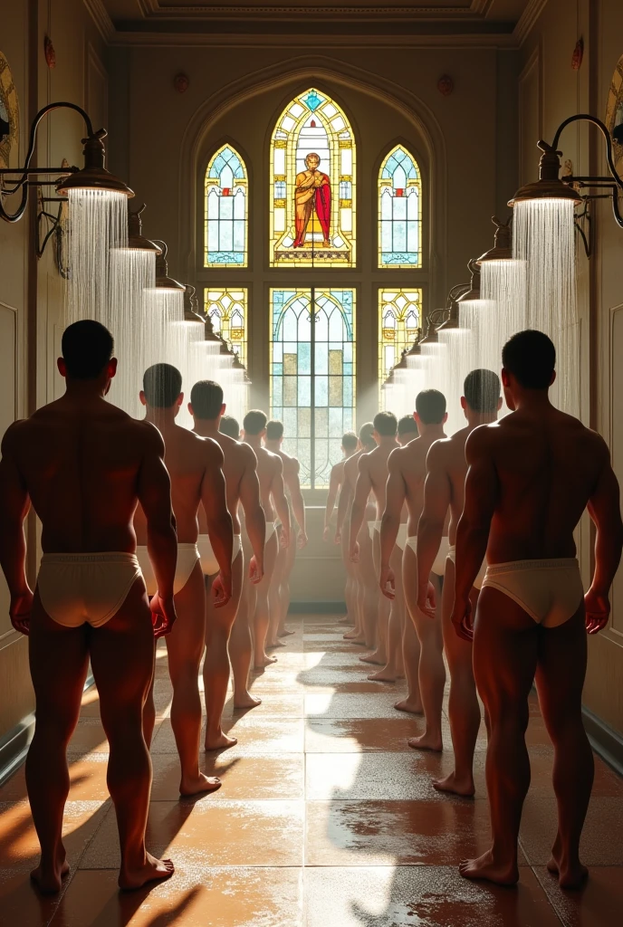 Strong and muscular Bolivian men in their underwear taking a shower under individual shower heads, inside a large historic dressing room, Very spacious, with stained glass in the background, within the 1650 estate.