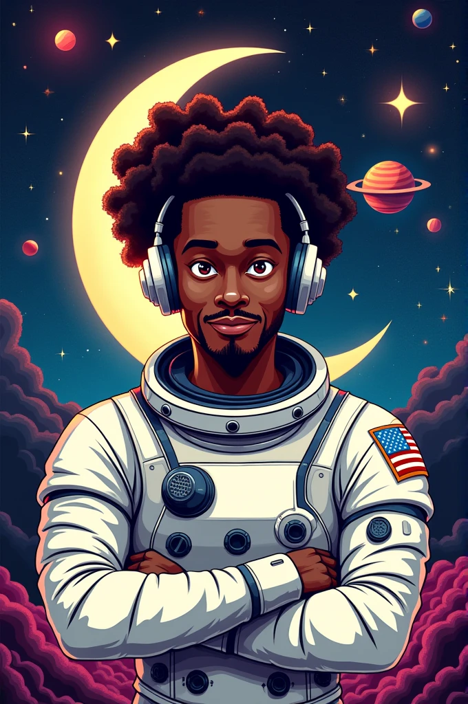 Can you generate an image in Spanish for me to hire employees for a restaurant called "Moon"?
what does the message say, "We are looking for new astronauts, Waiters wanted, cleaning assistants."
And an astronaut without a helmet, who is a black male with curlers and headband headphones.