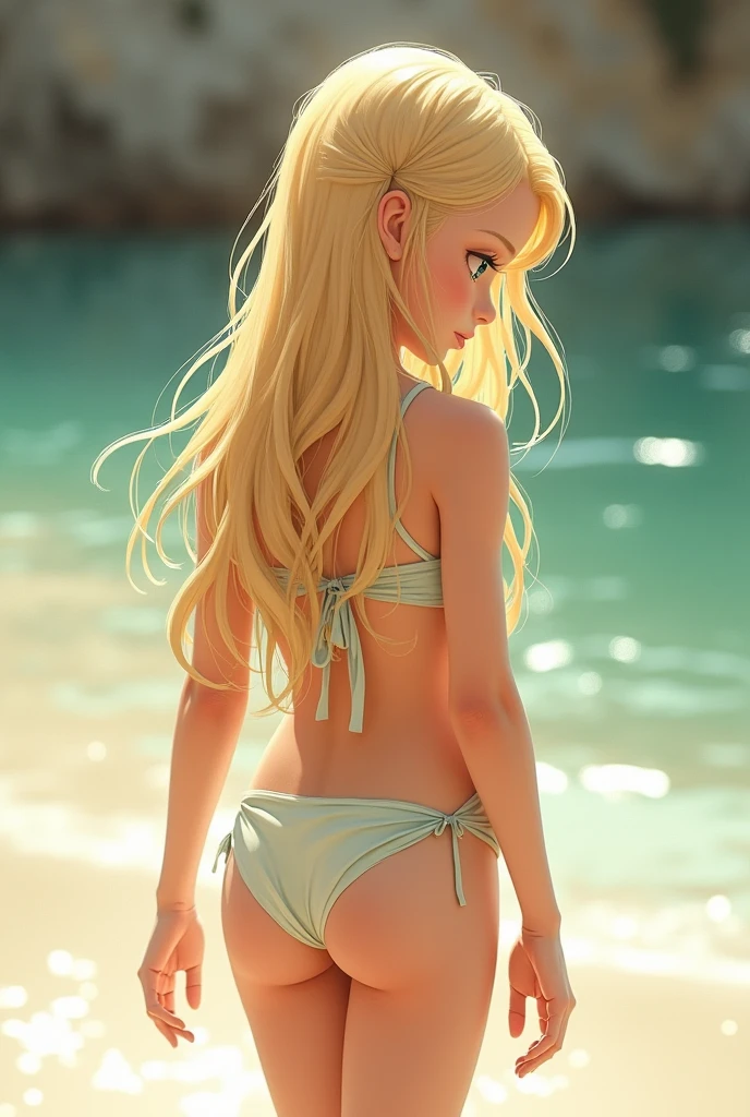 blonde, 11 years, in a swimsuit, view from the back