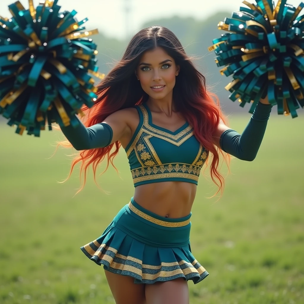 Photorealistic 8k full view in the field in a teal and gold cheerleading to and skirt outfit with teal and gold pom poms beautiful Italian American woman, blue eyes, long black and red ombre hair with blue highlights,