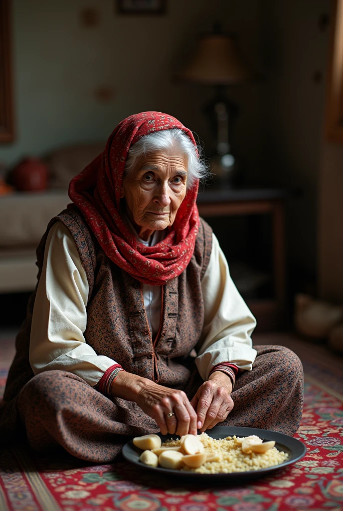 Fat Arab grandmother sitting on the floor preparing food and looking at the photographer
