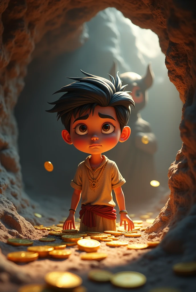3d cartoon style "A poor teenager boy in the cave, boy wearing poor sirt,cave size is very small ,floor on the cave golden coins scattered in the cave few sunlight interred"behind the boy a chudail,wearing saree"
