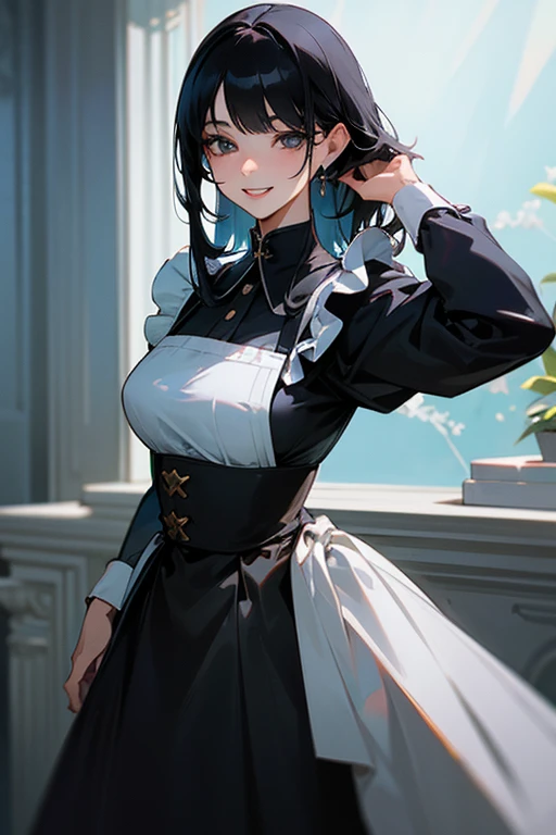 (Highest Resolution, clear_image) Highest quality, single, One woman, alone, masterpiece, Very detailed, Semi-realistic, Black Hairのショートヘア, Black Hair, bangs, 1, mature, Light blue , Indoor Background, kind, Authoritative, Powerful, exquisite features, exquisite features、Eyelashes become longer、Showing teeth、smile😀、Maid clothes、woman'Fingers in the、Sleeping on the sofa、Long Hair、Fluttering in the wind、((Change of clothes)).