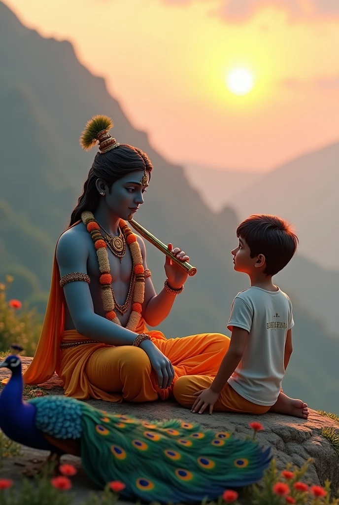"A 3D rendered image depicting a 2 Indian devotional boy named Somnath sitting next to Lord Krishna on a mountain peak. Krishna is playing his enchanting flute, while Samar listens in reverence. Samar wears a T-shirt with his name clearly visible on it. The background showcases a breathtaking, heavenly view with lush landscapes and perhaps a distant sunset. A colorful peacock dances nearby, adding to the divine atmosphere. The image should have a realistic style with attention to detail, including the texture of the mountain, the intricate design of Krishna's flute, and the expressions on both faces. Samar is barefoot, emphasizing his connection to nature and the spiritual moment."