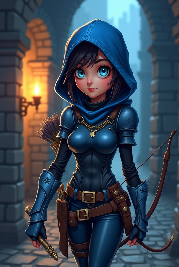 The spy girl, combat bow, quiver of arrows, blue leather armor, black leather corset, gloves, Hood, Leather belt, Blue eyes, cartoon, dark corridor of the castle, Middle Ages